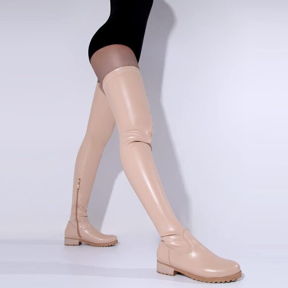 Women's Khaki Polyurethane Thigh High Over The Knee Rounded Toe Fashion Boots - Picture 4 of 7